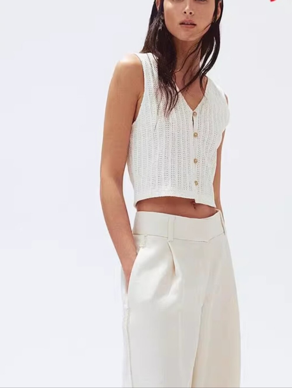 H&M Knit Button-Up V-Neck Tank in Cream